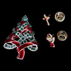 Vintage Christmas Tree Brooch & Holiday Pins Lot Red Green Rhinestone Gold Tone